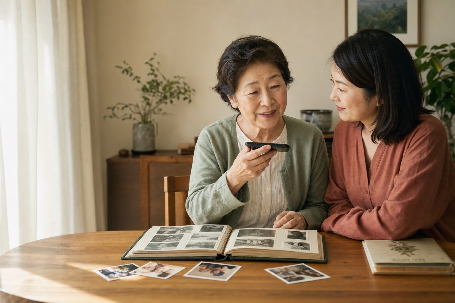 思い出のアルバムを見ながら声を残す親子